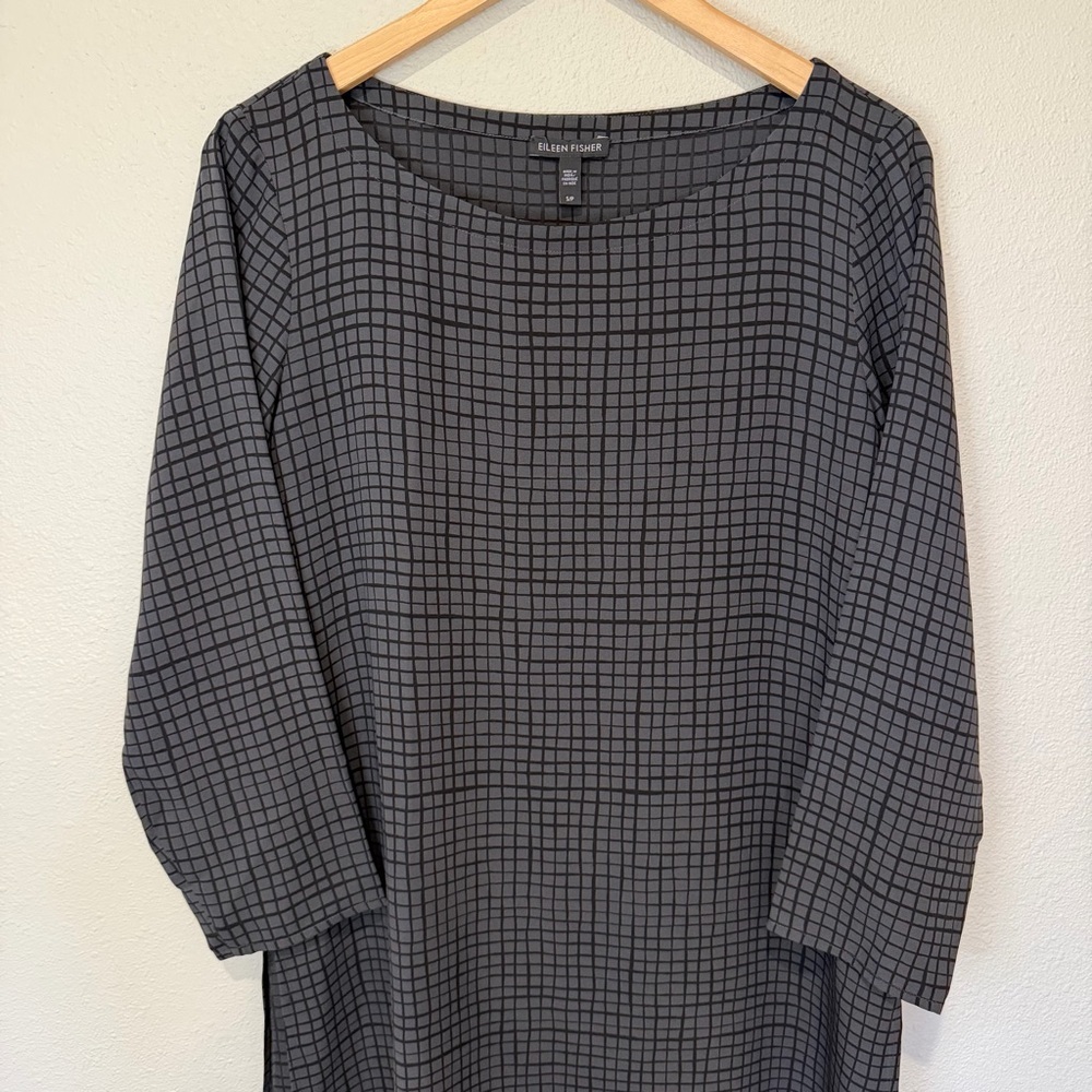 Eileen Fisher 100% Silk Grid Print Long Sleeve Shift Dress